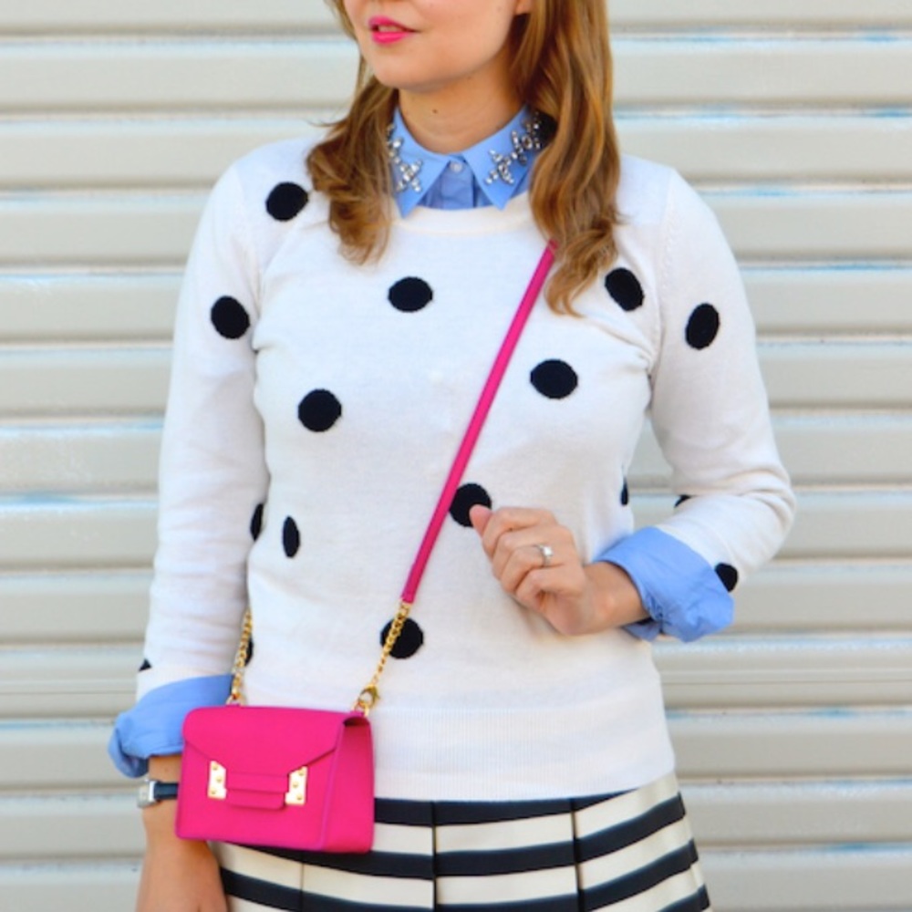 Ann Taylor White Sweater with Black Polka Dots